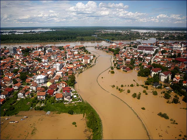 Aerial view of the flooded city of Brcko in northern Bosnia and Herzegovina